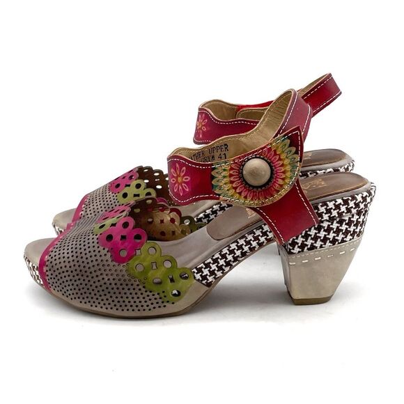 L’Artiste by Spring Step Jive Sandals Size 41 EU 9.5 US Red Floral Leather Heels - Picture 5 of 16